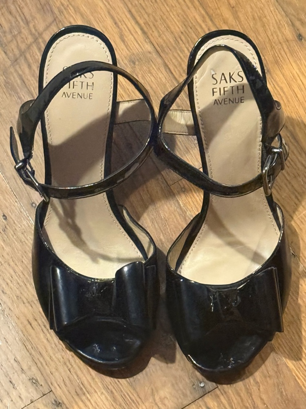 Saks Fifth Avenue Black Patent Bow Peep-Toe Ankle Strap Heels